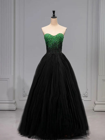 A Line Sweetheart Neck Green Beads Black Tulle Long Prom Dress Evening Dress HZ1023